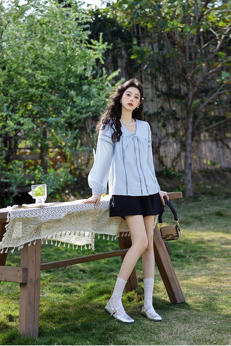 MISHOW Blue V-Neck Shirt Lace-Up Hollow Lantern Sleeve MXE12C0411