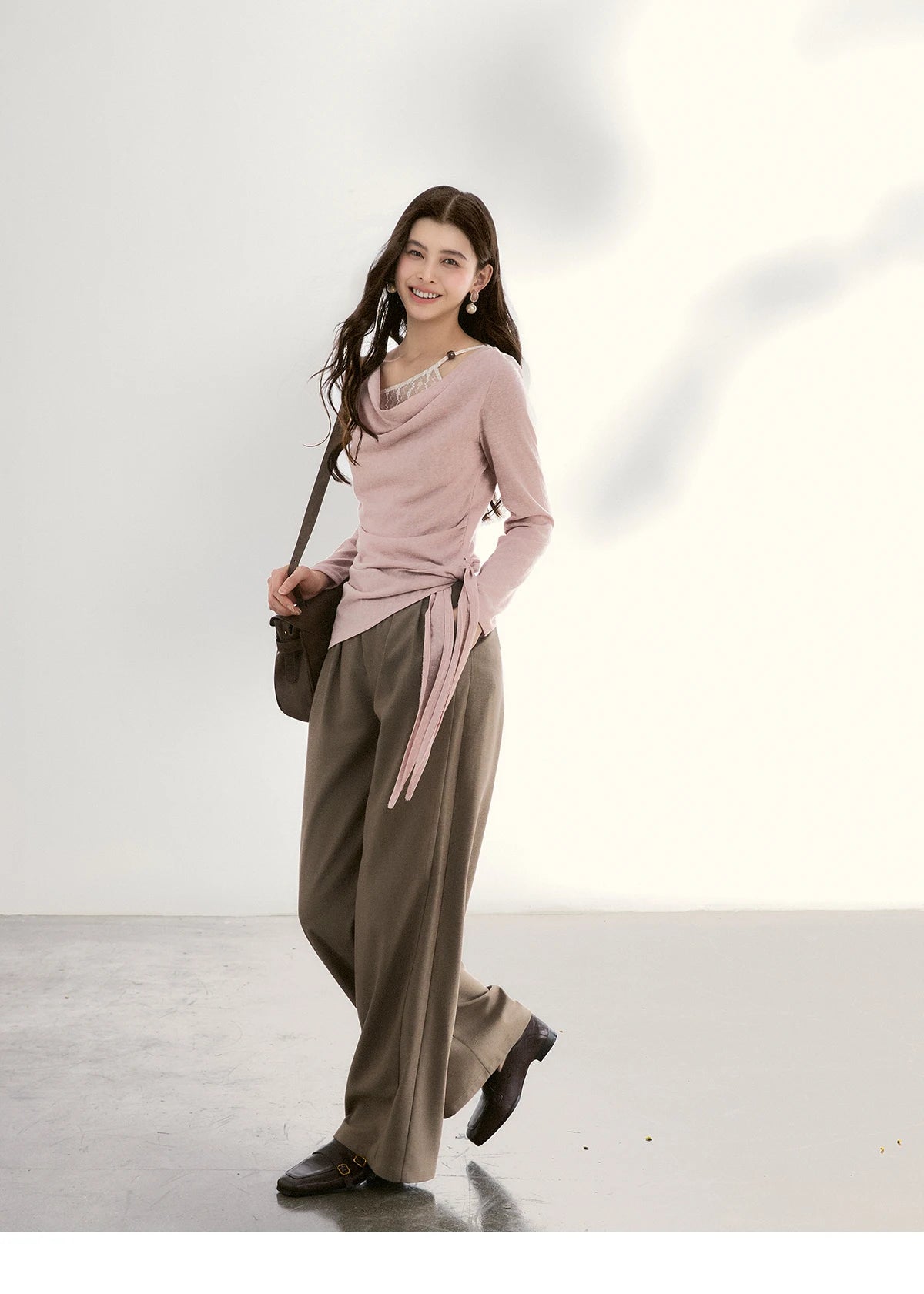 Mishow Lace Trim Draped Neck Side Tie Top MXF13Z2995