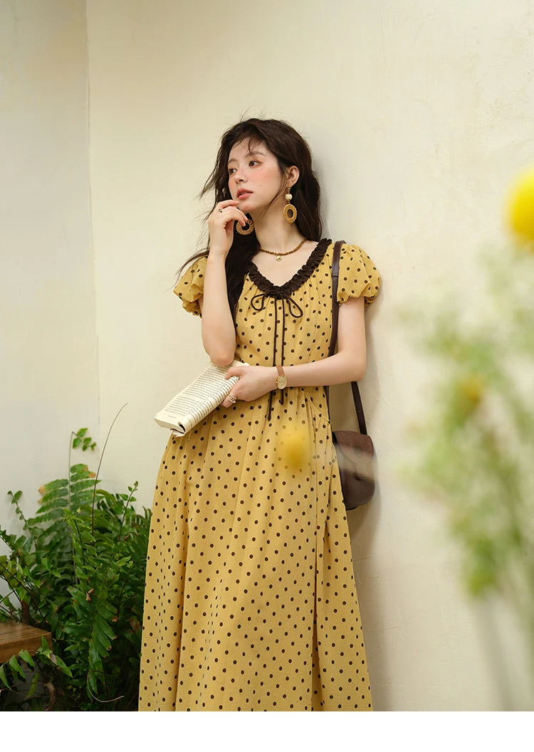 Mishow Polka Dot V-Neck Lace Up Puff Sleeve Dress MXE39L2326