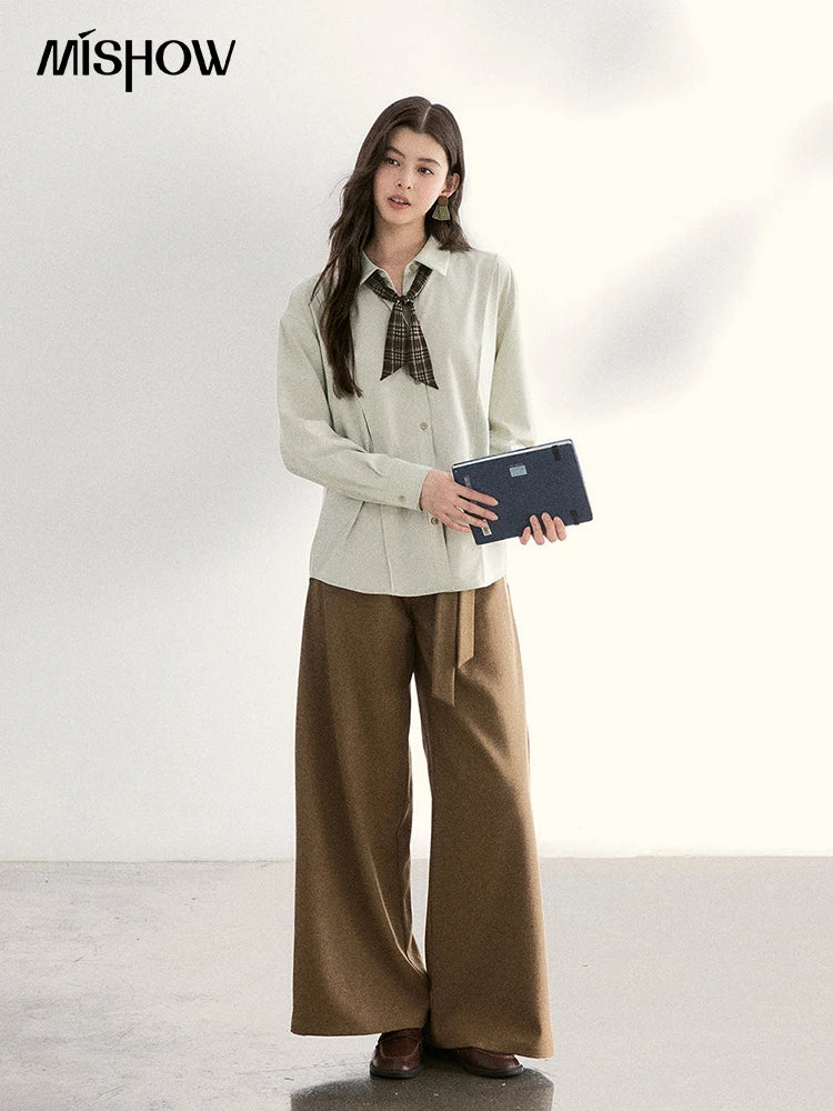 MISHOW Brown Wide Leg Pants Strap Design High Waist Elastic MXF11K1134