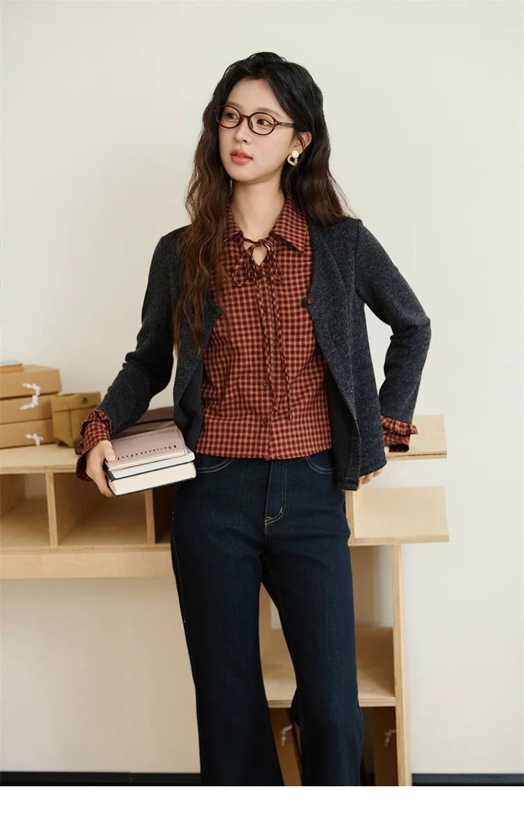 MISHOW Fake Two Knitted Sweater Plaid Splicing Flare Sleeve MXE45Z1401