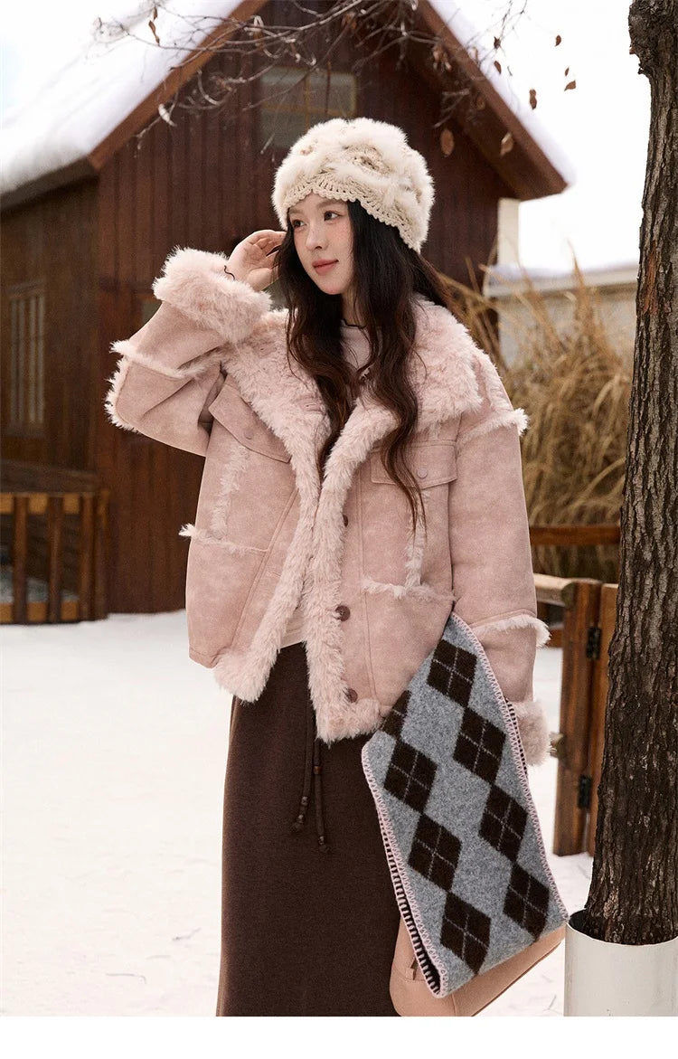 MISHOW Pink Plush Patchwork Coat Stand Collar Windproof MXE51W0911