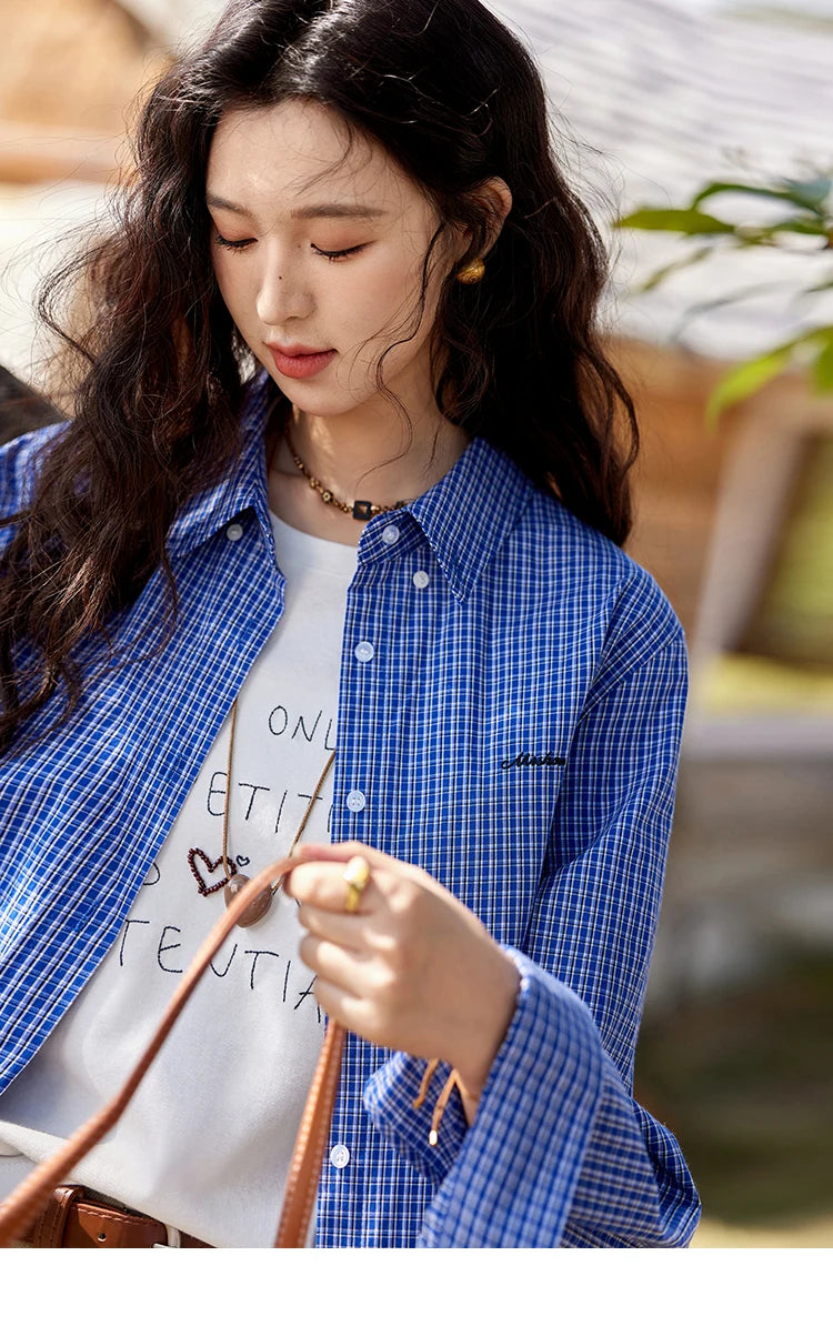 MISHOW Retro Blue Checkered Shirt Lapel Cotton Loose MXE11C0398