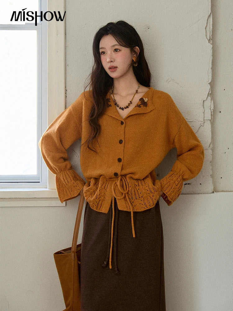Mishow Orange Openwork Crochet Flared Sleeve Cardigan MXE87Z2685