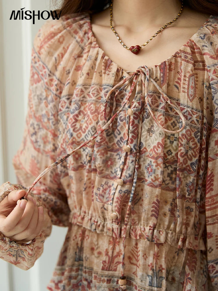 MISHOW National Style Printed Blouse Round Neck Drop Sleeve MXE47X2508
