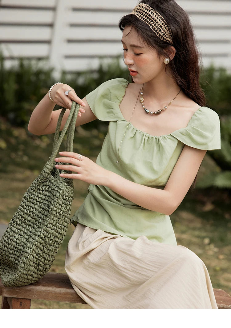 MISHOW Short Flying Sleeve Blouse Square Collar Slimming MXE34X1804