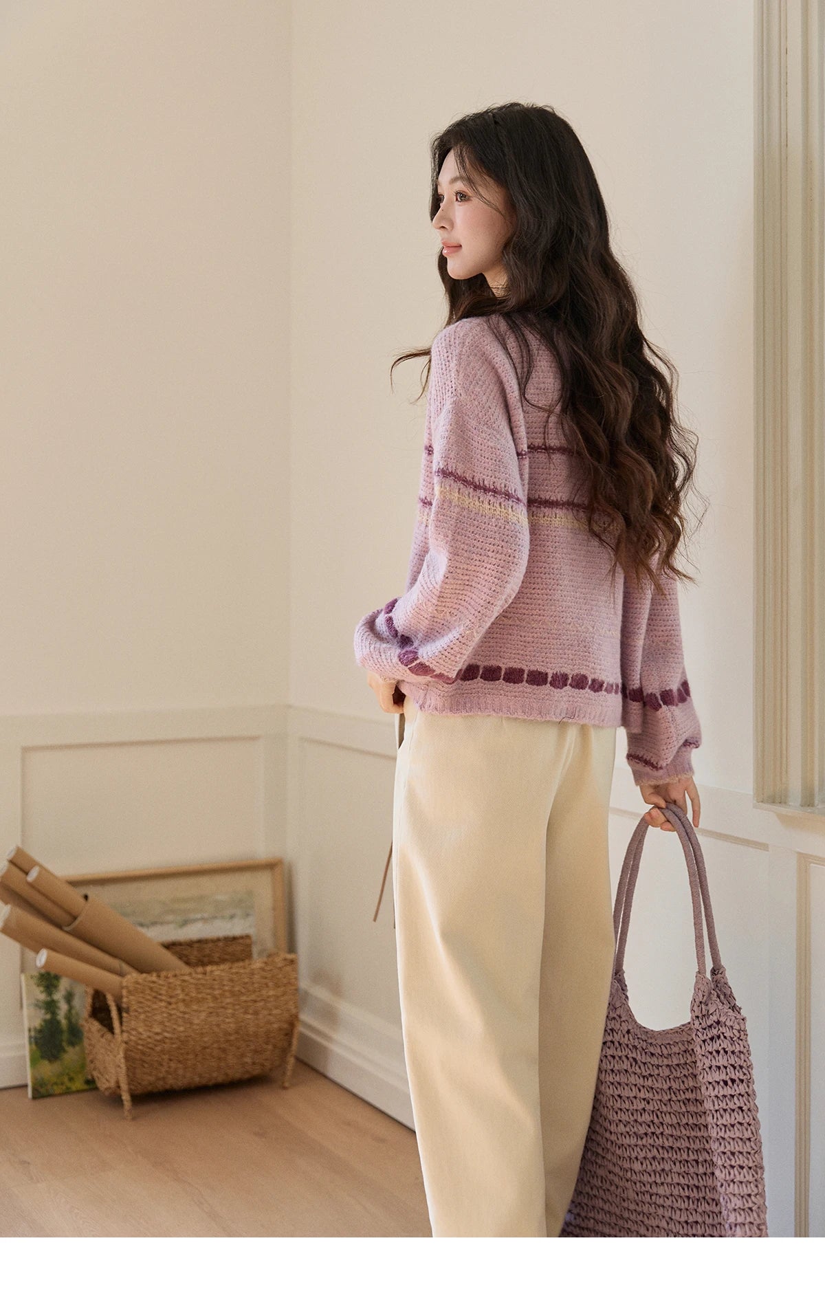 Mishow Lilac Striped Dot Crew Neck Cardigan MXF11Z2897