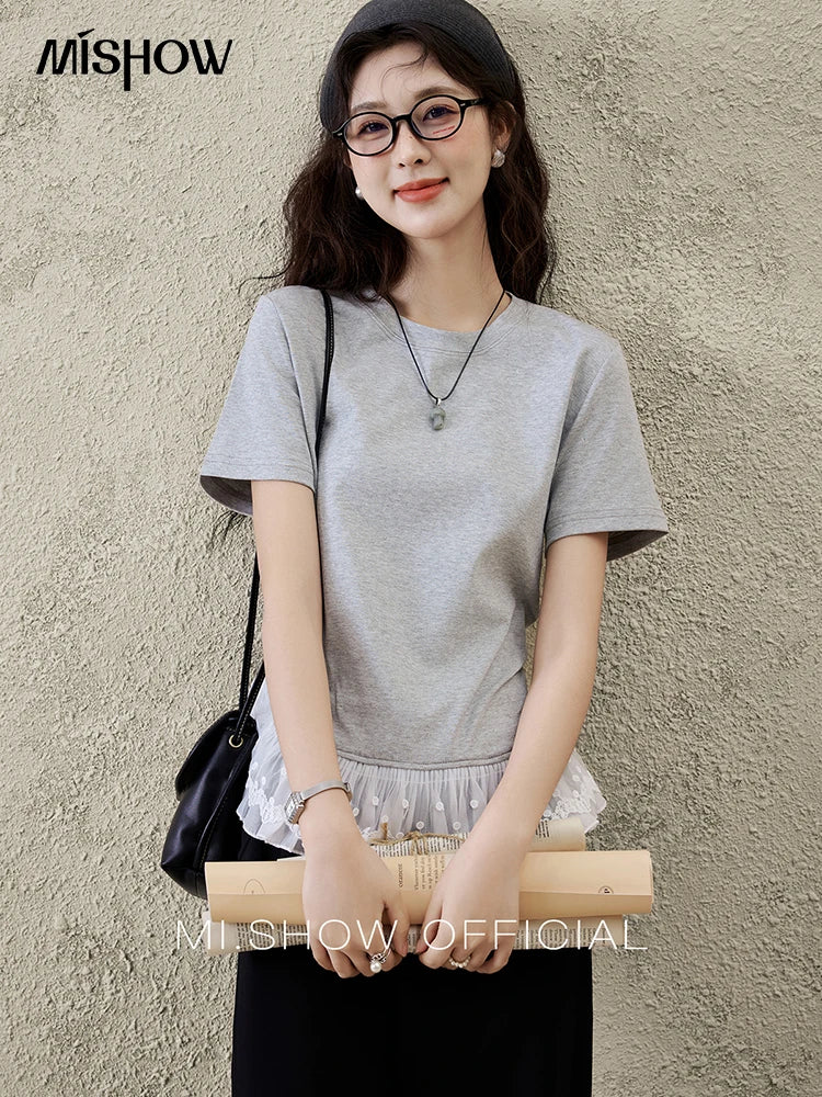 Mishow Lace Hem Splicing Round Neck Tee MXE31T0528