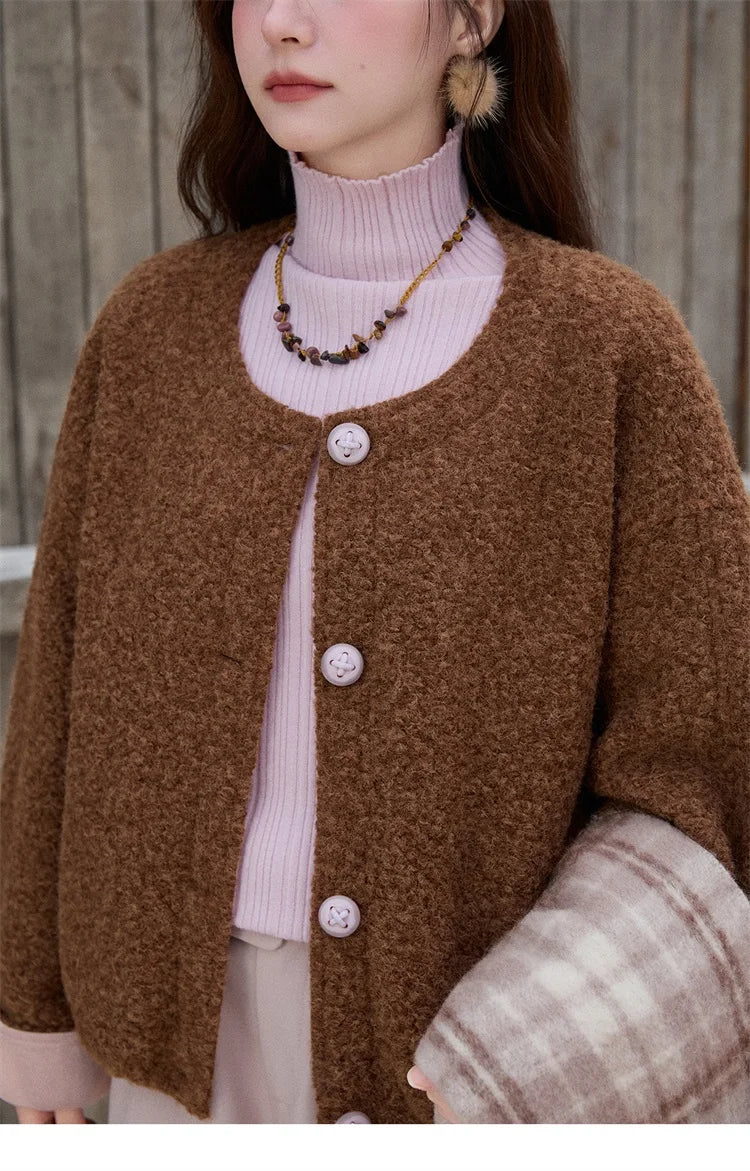 MISHOW Brown Wool Quilted Coat Round Neck Short Loose MXE87W0935