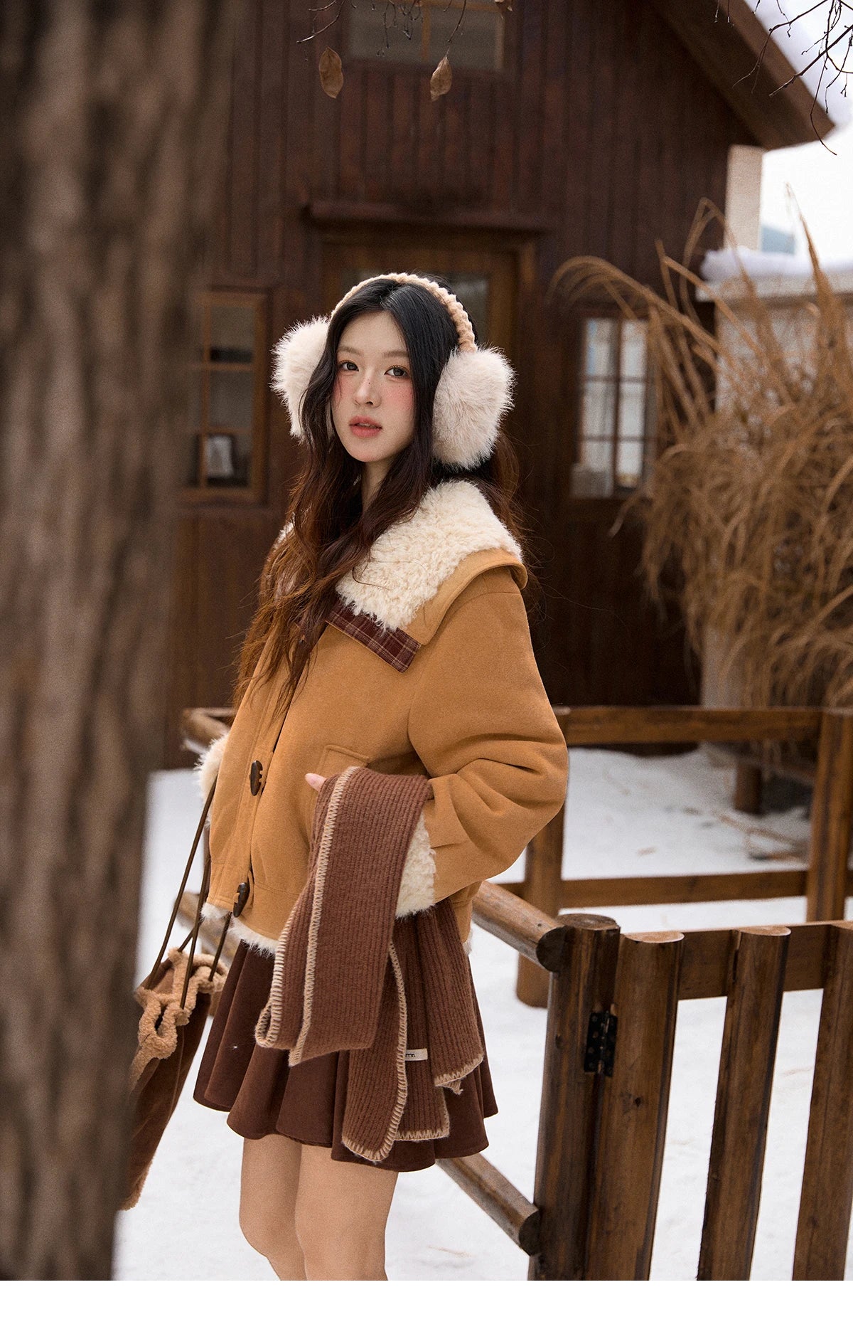 MISHOW Camel Shearling Jacket Faux Fur Collar Splicing Plaid Horn Button MXE91W1002