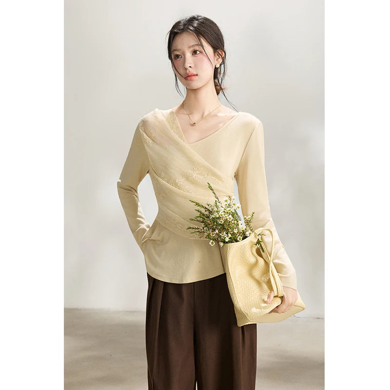 Mishow Asymmetric Lace Patchwork Ruched Top MXF11Z2942