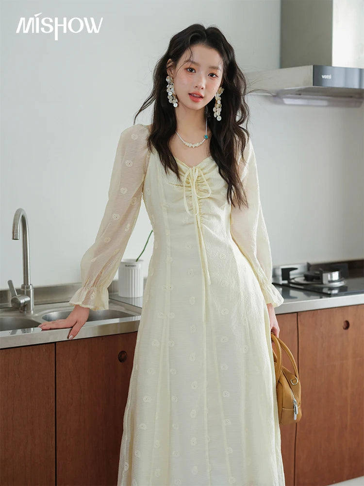 Mishow Cashew Flower Embroidered V-Neck Drawstring Dress MXE41L2387