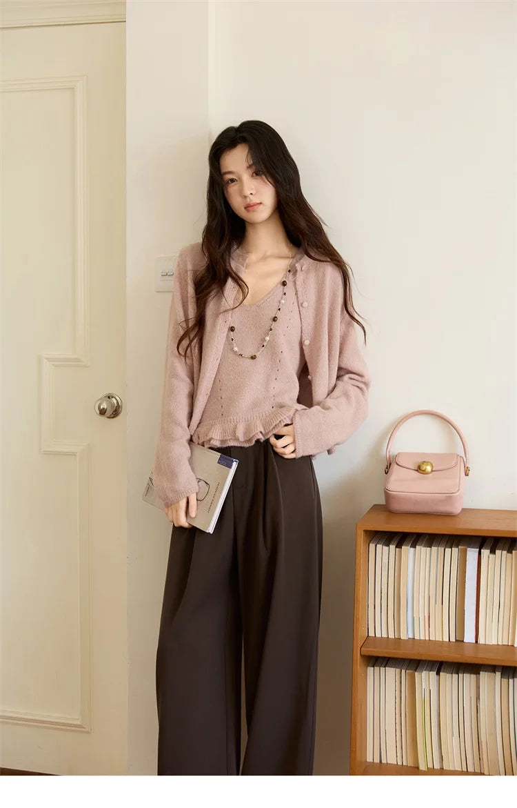 Mishow Pink Crew Neck Cardigan & Suspenders Set MXE48T1404