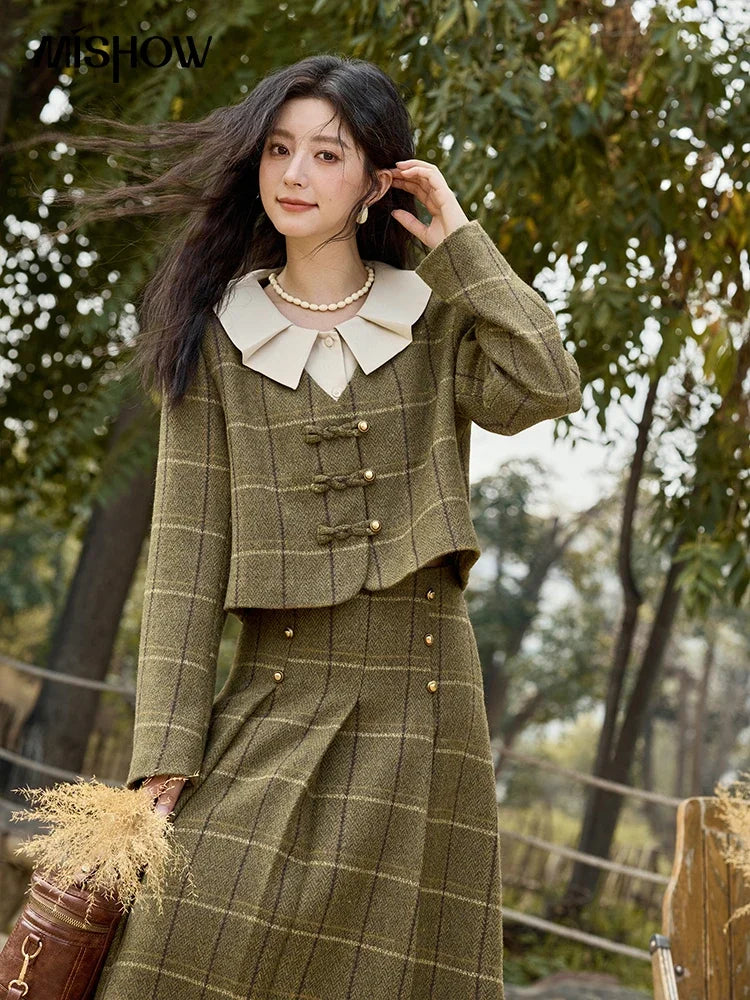 Mishow Retro Plaid Doll Collar Tweed Jacket & Pleated Skirt Set MXD48W0469