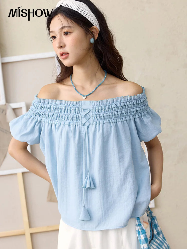 MISHOW Mist Blue One Shoulder Blouse Elastic Pleated Puff Sleeve MXE34X1796