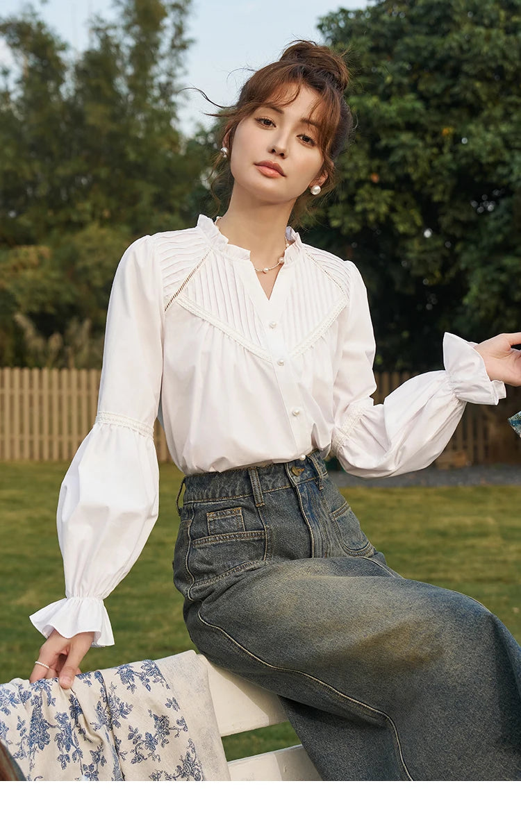 MISHOW French Pleated V-Neck Shirt Petal Patchwork Ruffle Sleeve MXD13X1354