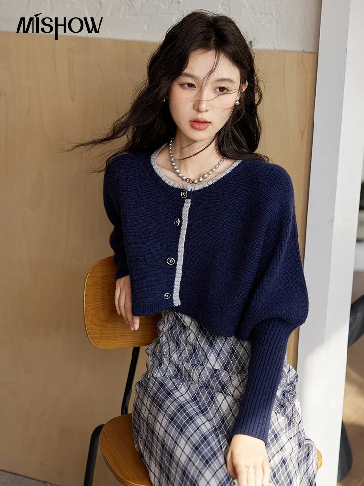 Mishow French Knitted Cardigan & Plaid Camisole Dress Set MXD43L2012