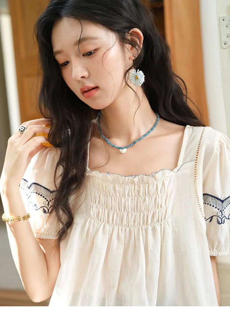 MISHOW Square Neck Puff Sleeve Blouse Flower Embroidery Hollow MXE39X1953