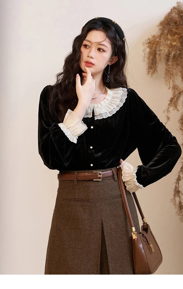 MISHOW French Retro Velvet Blouse Button Down O Neck MXC51X1323
