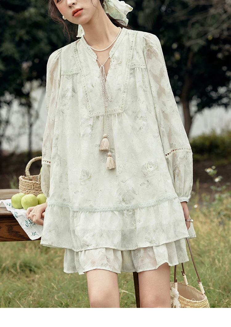 Mishow Floral V-Neck Tassel Lantern Sleeve Dress MXE15L2121