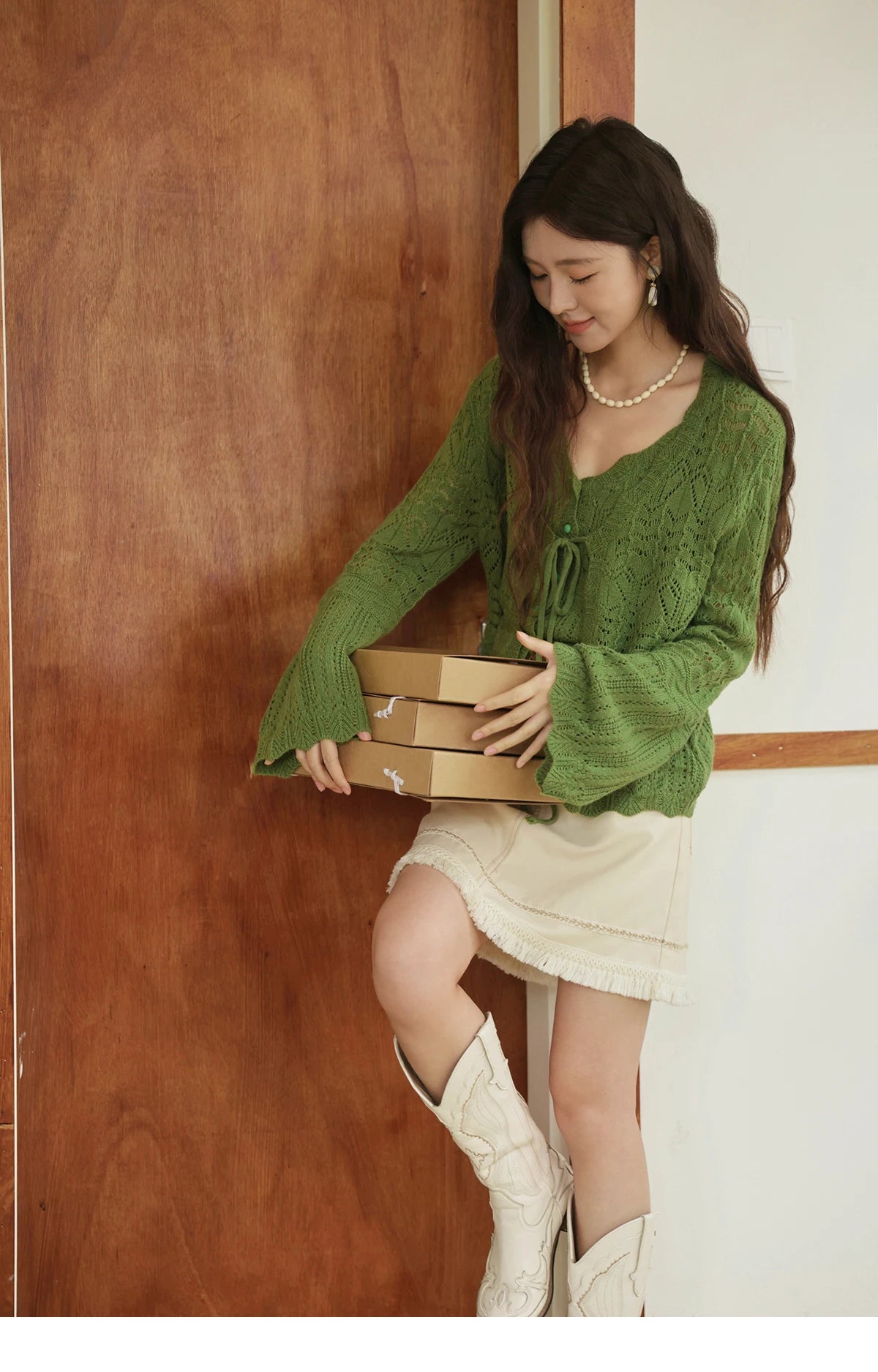 Mishow Flared Sleeve Lace-Up Cardigan & Camisole Set MXE42T0717