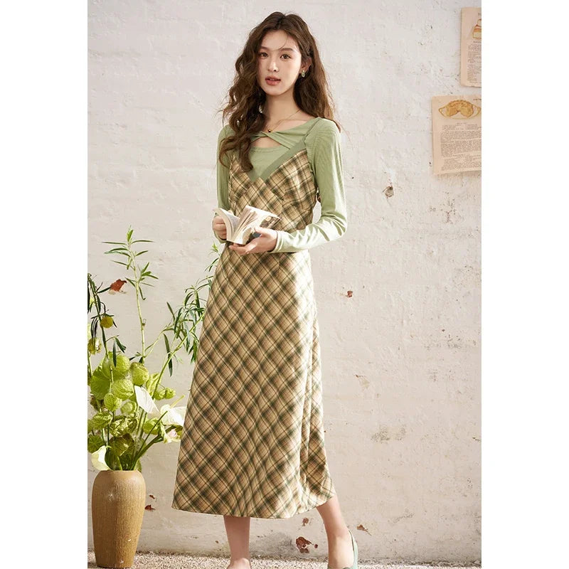 Mishow Hollow Knit Top & Plaid Suspender Dress Set MXD14L1679