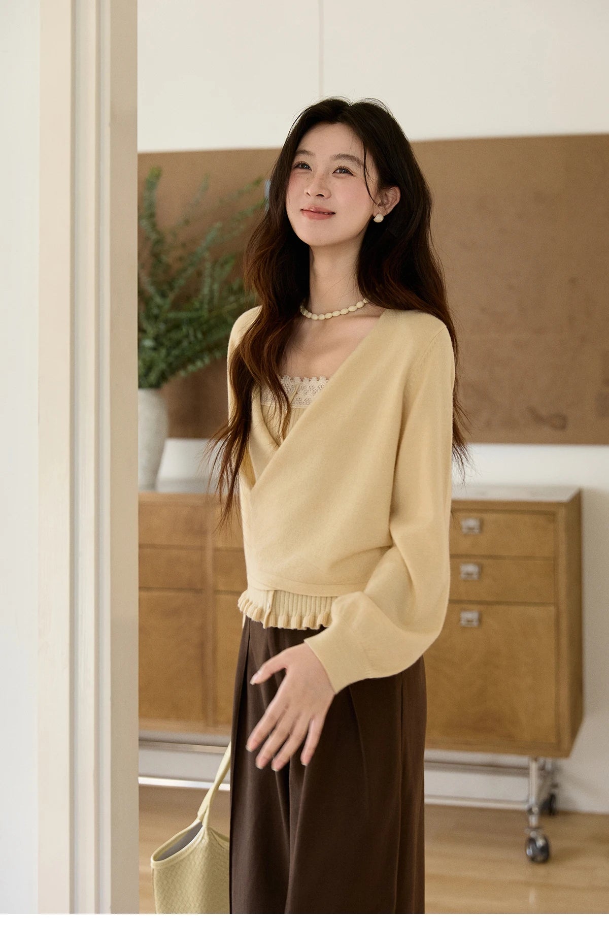 Mishow Yellow Ruffled Camisole & Lace Cardigan Set MXF11T1472