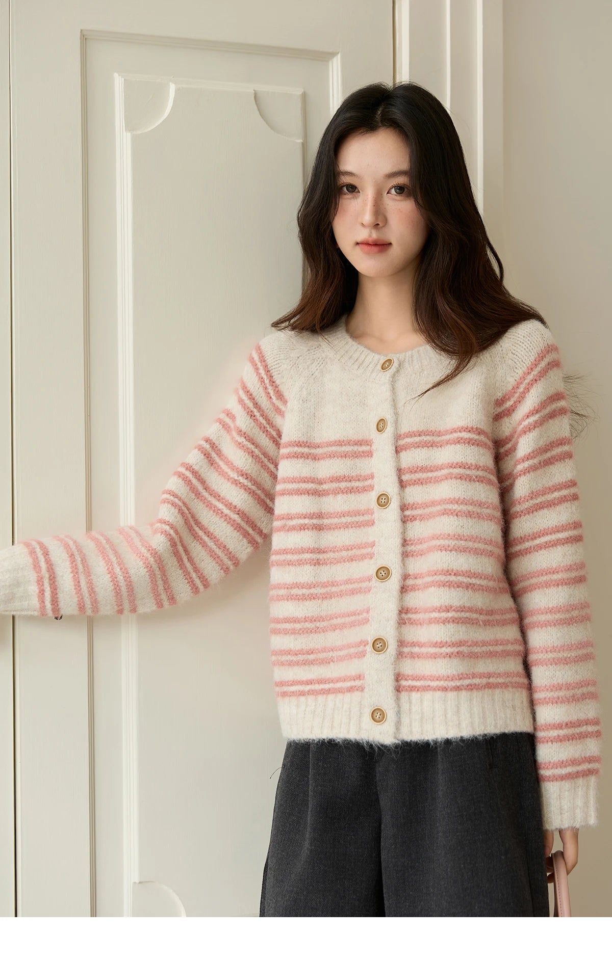 Mishow Pink Striped Wool Blend Cardigan MXE49Z2615