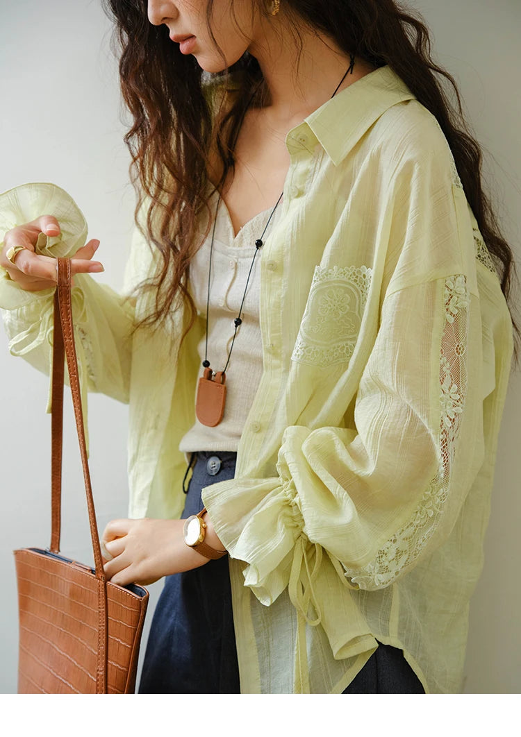 MISHOW Women's Patchwork Lace Shirt Lapel Drop Sleeve Drawstring Cuffs MXE31C0789