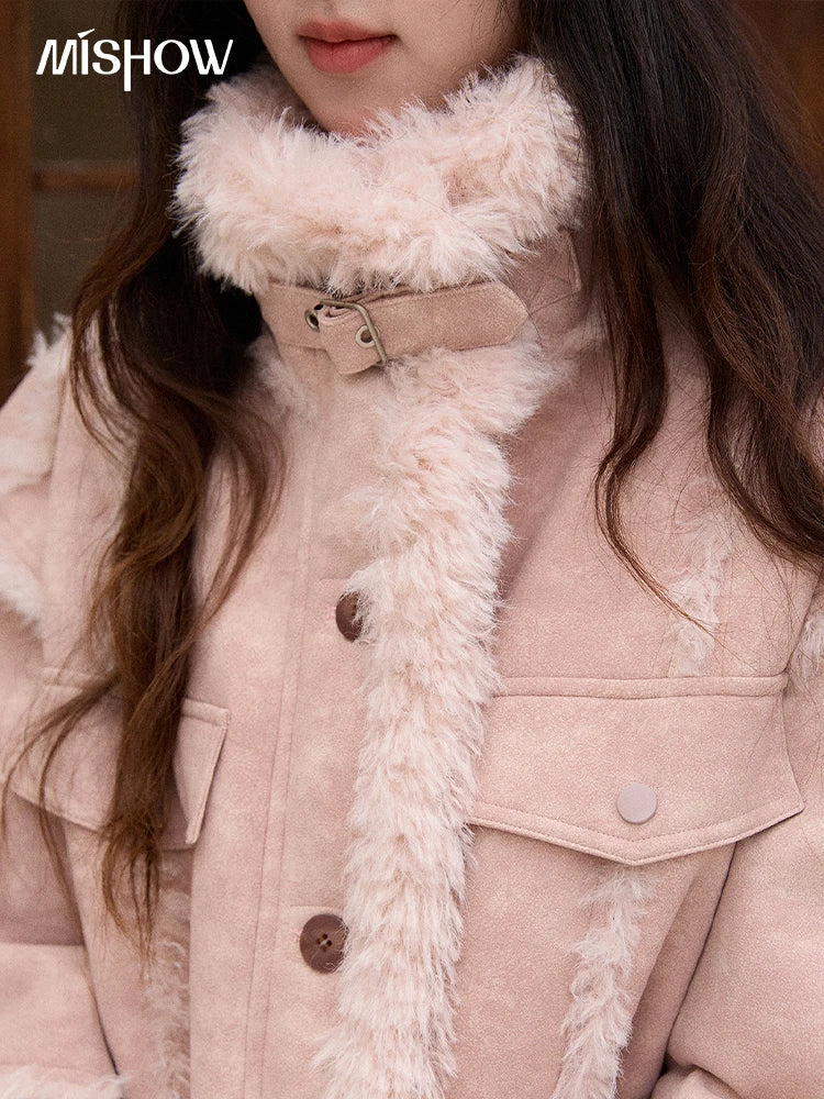 MISHOW Pink Plush Patchwork Coat Stand Collar Windproof MXE51W0911