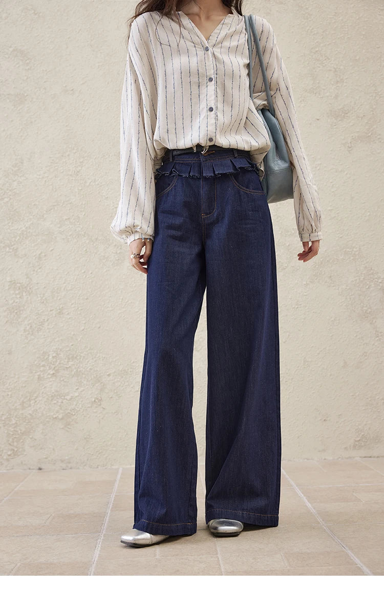 Mishow Stitching Ruffle High Waist Wide Leg Jeans MXE16K0907