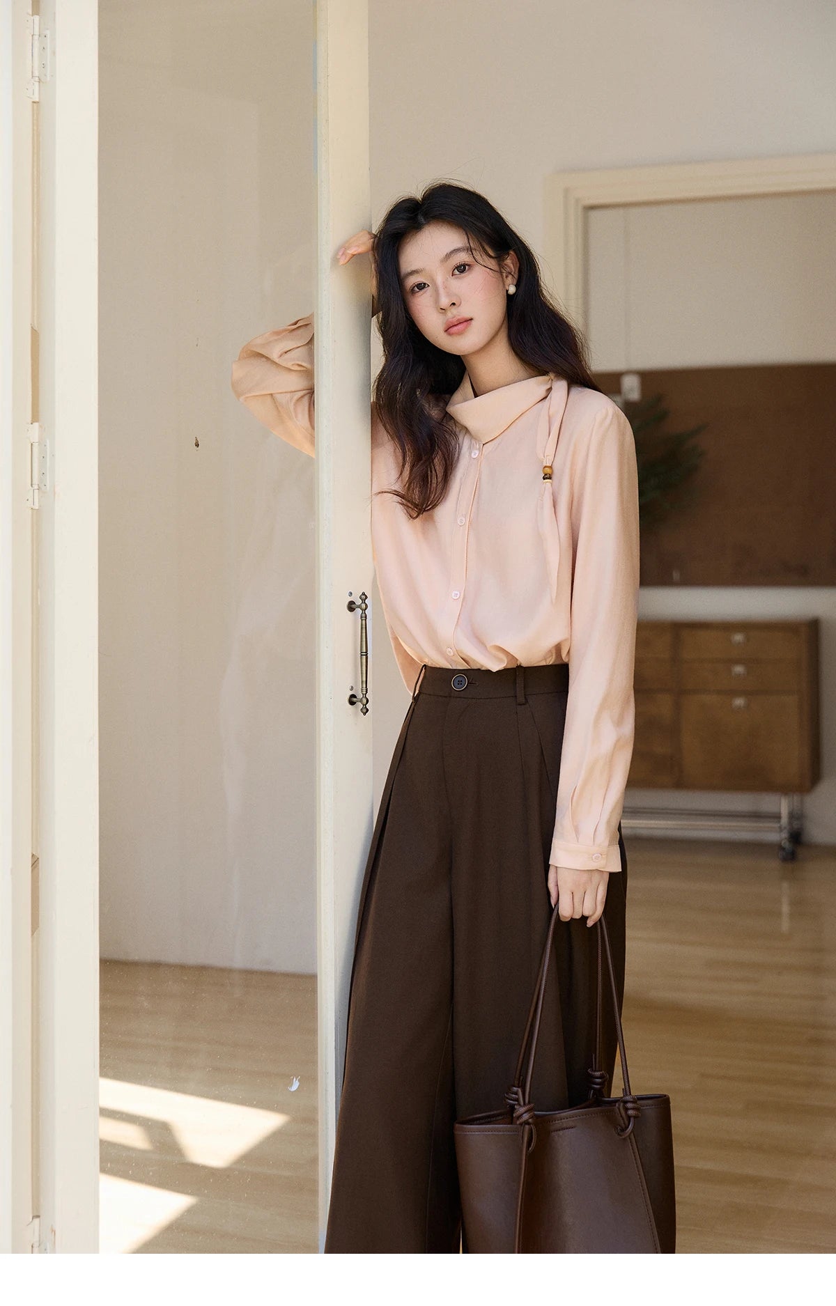 MISHOW Nude Pink Ribbon Stand Neck Shirt Button-Down MXE11X2547