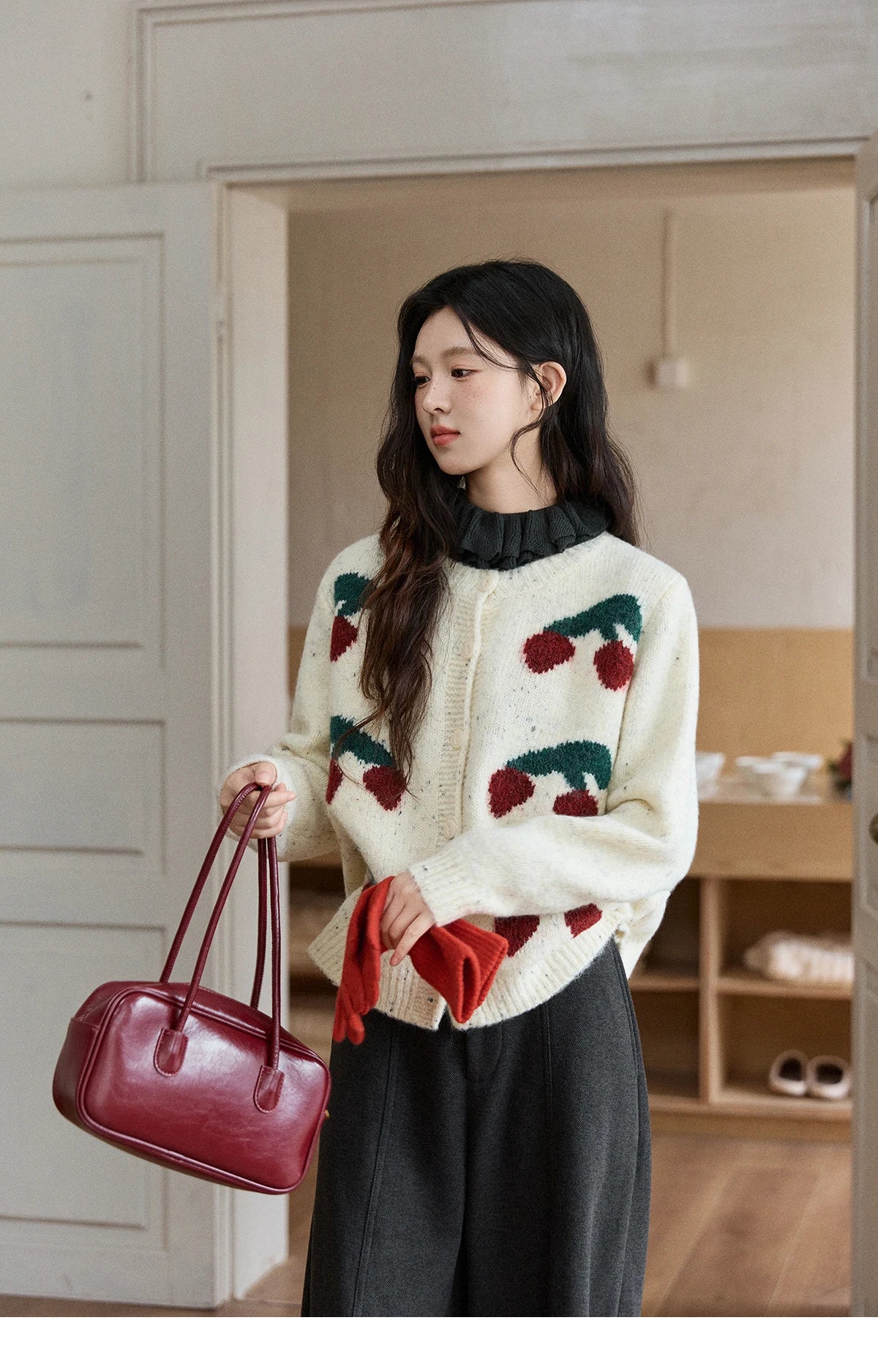 Mishow Cherry Jacquard Flecked Drop Shoulder Cardigan MXE91Z2837