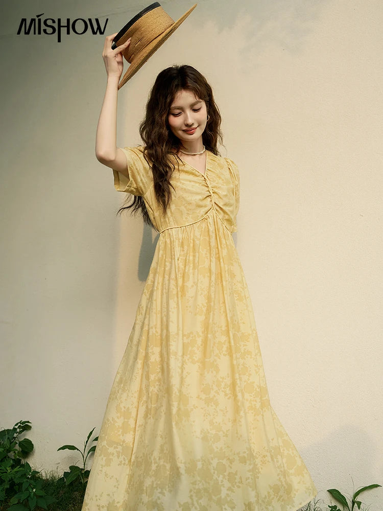 MISHOW French Chiffon Floral Puff Sleeve Dress MXD23L1878