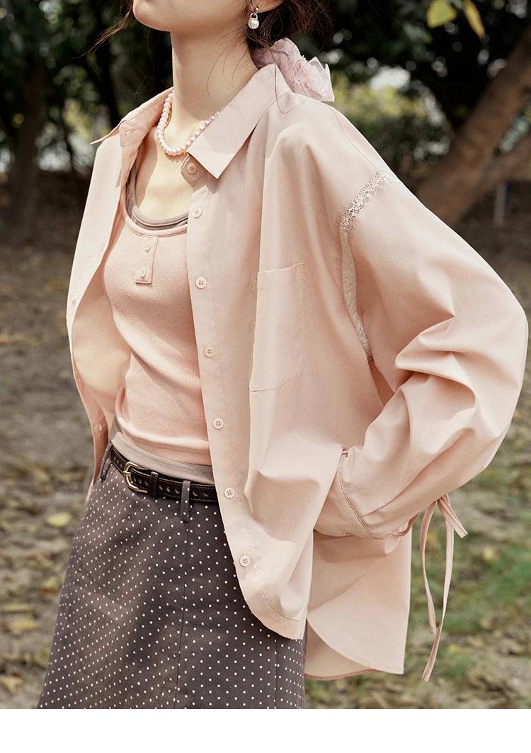 MISHOW Pink Long Sleeve Shirt Lace Bow Tie MXE16C0767