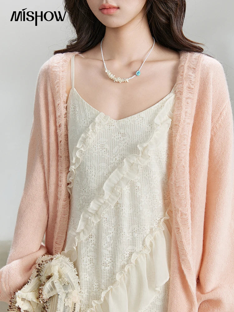 Mishow Cream Irregular Lace Ruffled Slip Dress MXF108L1005