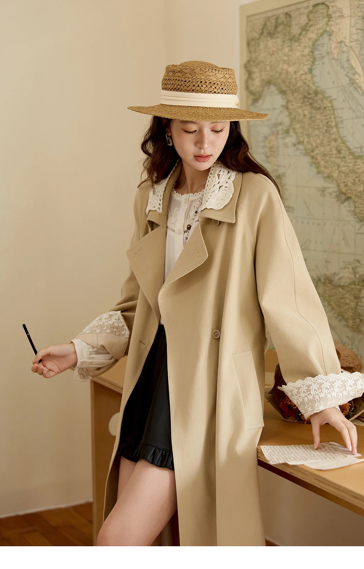 Mishow Light Khaki Lace Long Trench Coat MXE45W0830