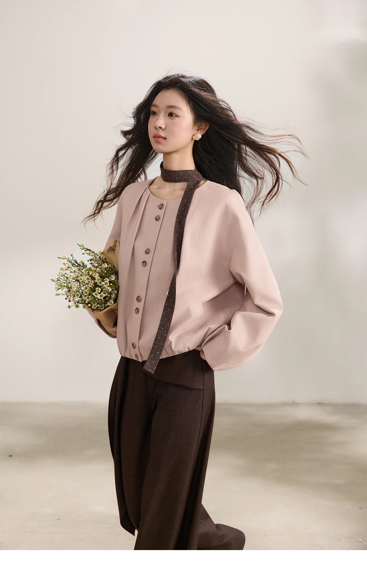 MISHOW Pink Flower Bud Leather Jacket Crew Neck Single-Breasted MXF108W1001