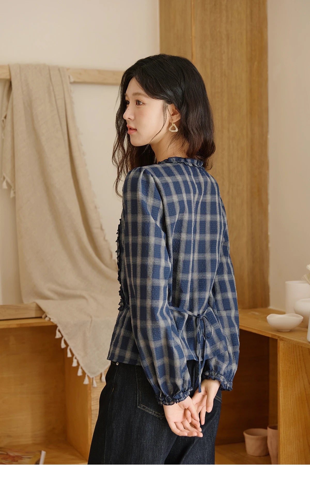 MISHOW Vintage Blue Plaid Shirt Round Neck Loose MXE45X2480