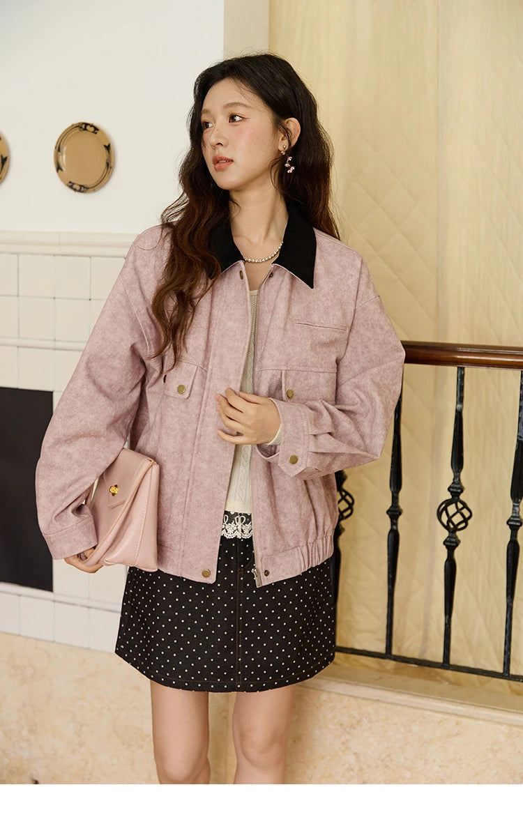 MISHOW Pink Purple Collision Lapel Jacket Suede Metal Zipper Elastic Hem MXE46W0865