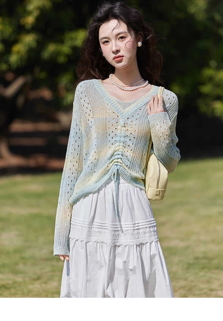 Mishow Gradient Blue Green V-Neck Drawstring Sweater MXE16Z1171