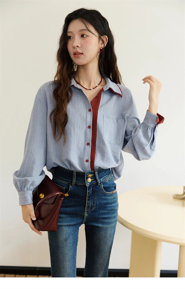 MISHOW Blue Red Striped Shirt Contrast Splicing Lapel MXE46C2405
