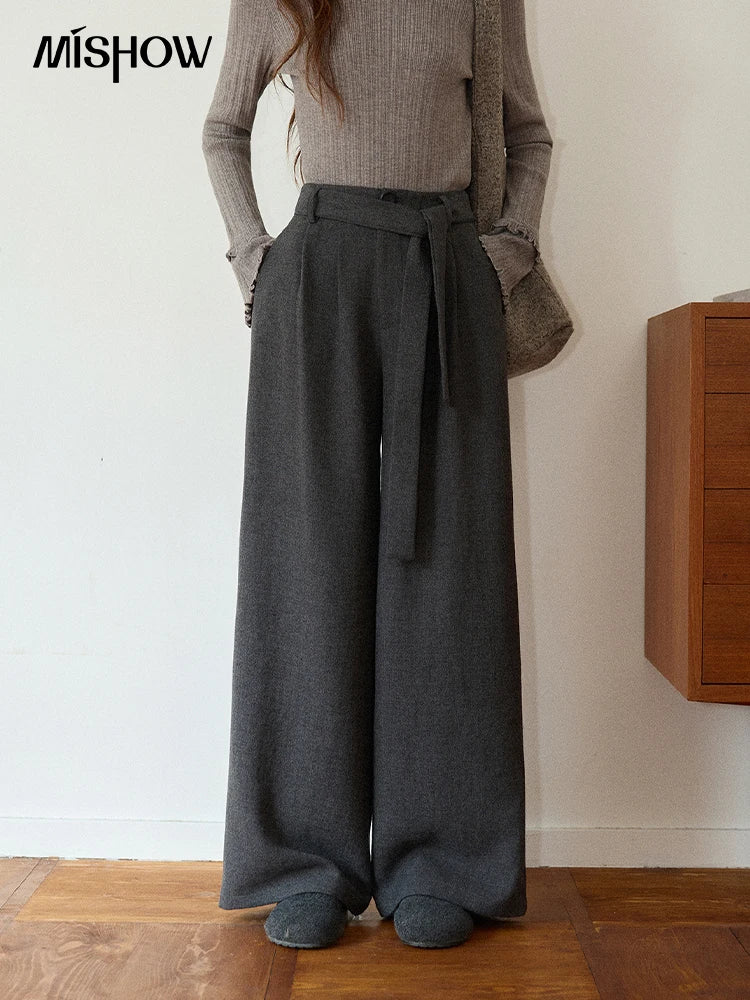 MISHOW Retro Gray Wide-Leg Pants Elastic Waist Warm MXE89K1099