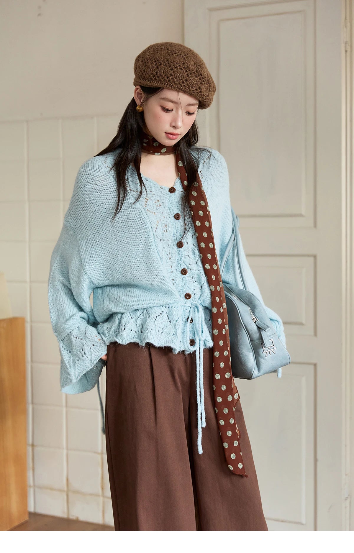 Mishow Hollow Knit V-Neck Flared Sleeve Cardigan MXE47Z2513