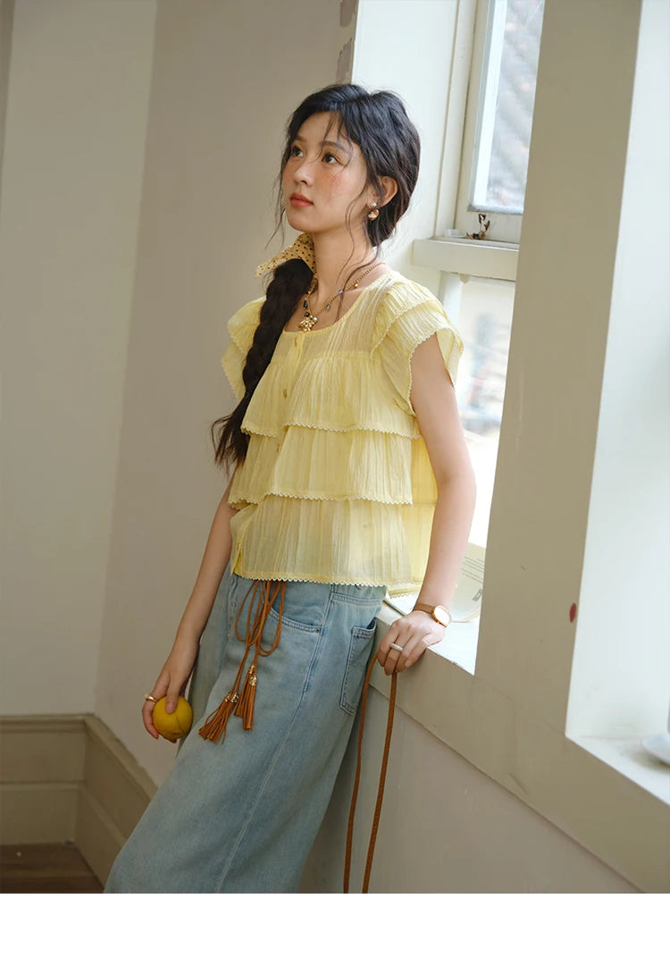 MISHOW Butterfly Sleeve Chiffon Shirt Square Neck Button MXD30X1488