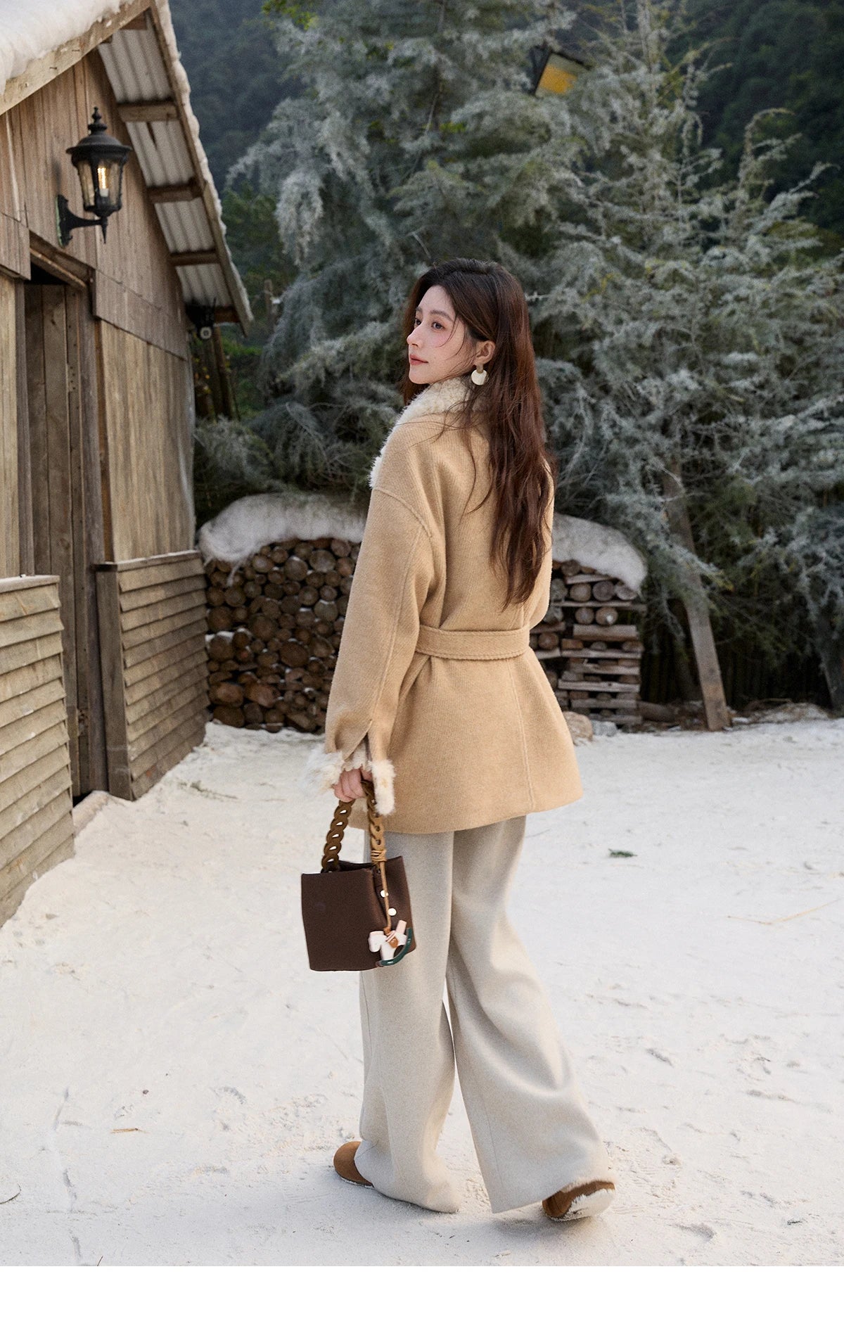 Mishow Thick Wool Blend Belted Patchwork Coat MXE92W0997