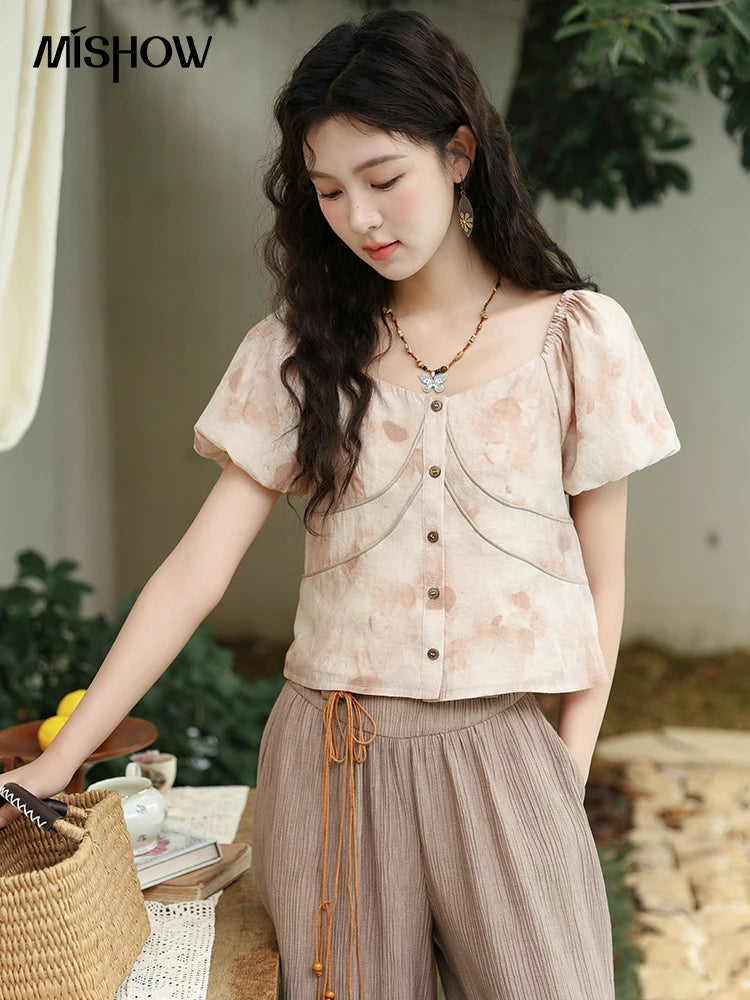 MISHOW Contrast Halo Print Blouse Square Collar Puff Sleeve MXD30X1562