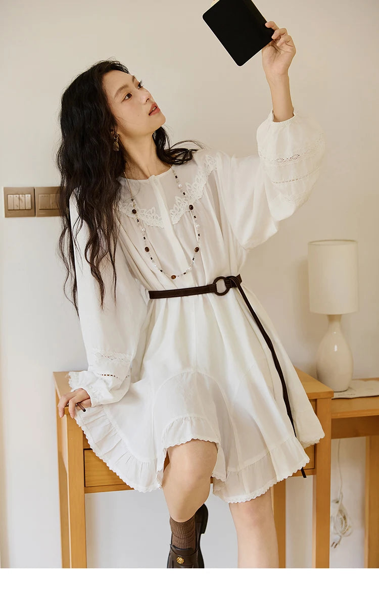 Mishow French O-Neck Lace Ruffled Lantern Sleeve Dress MXE46L2519