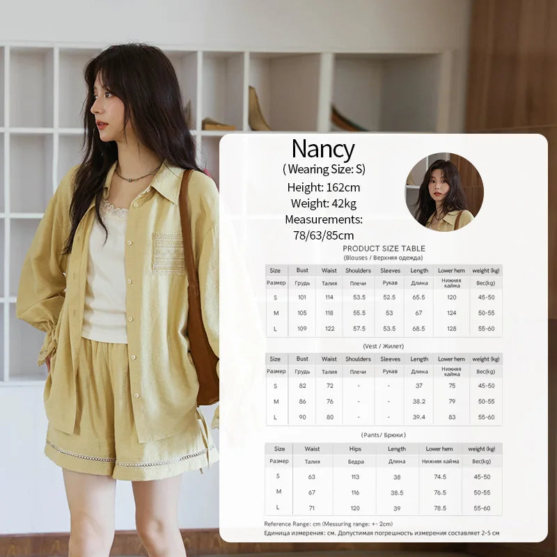 Mishow Yellow Linen Lace Shirt & Camisole & Shorts Three-Piece Set MXE42T0718