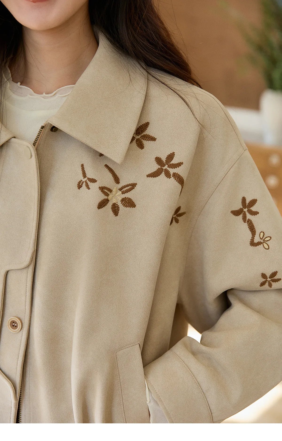 MISHOW Imitation Suede Jacket Floral Embroidery Lapel Zipper MXF11W1027